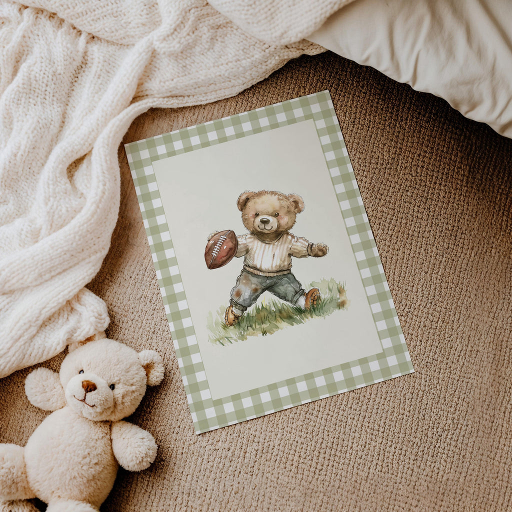 Vintage Football Teddy Bear Gingham Wall Art, Adorable Bear in Classic Football Uniform, Cute Decor for Kids Room, Nursery, Sports Fan Gift