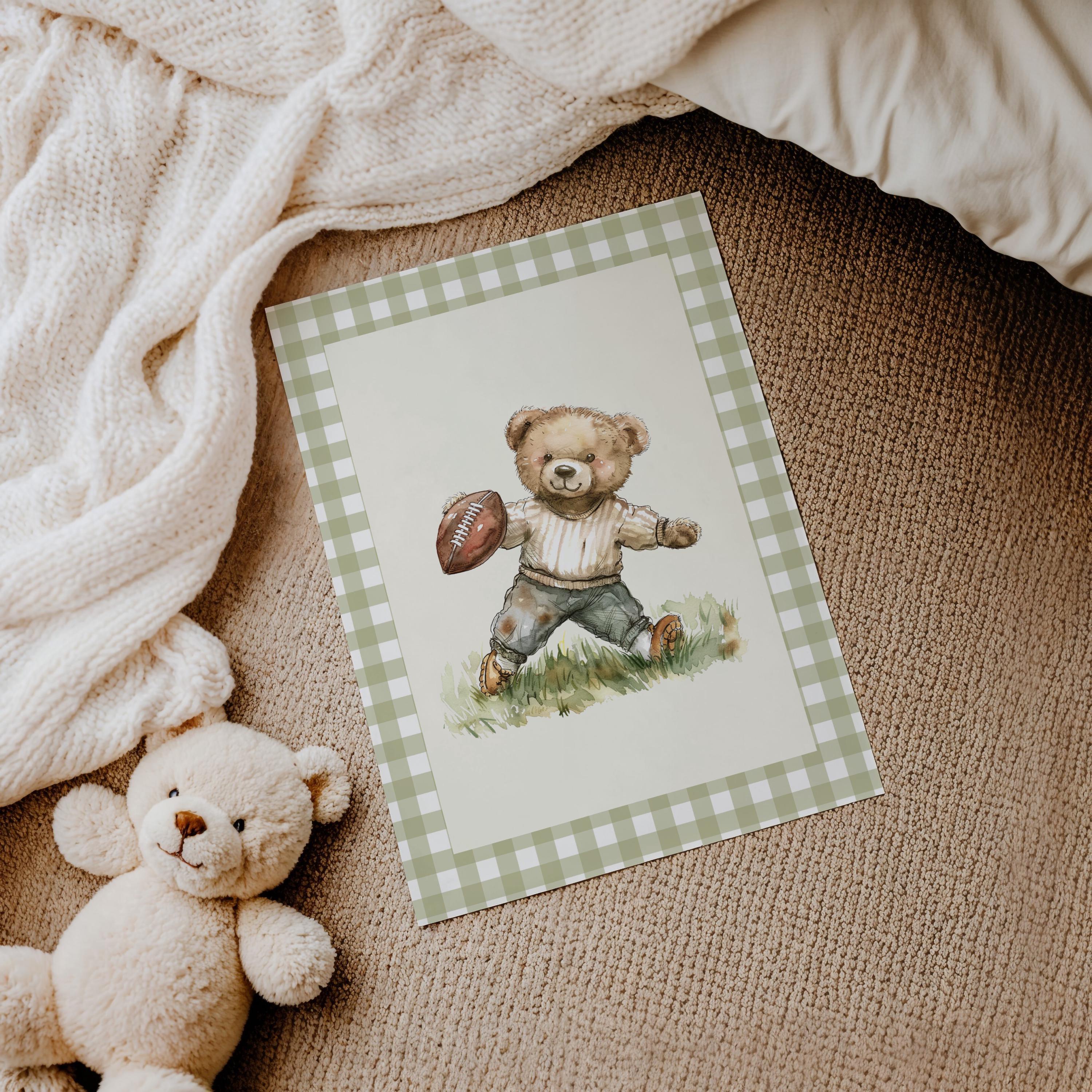 Vintage Football Teddy Bear Gingham Wall Art, Adorable Bear in Classic Football Uniform, Cute Decor for Kids Room, Nursery, Sports Fan Gift