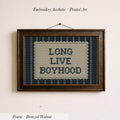 a framed embroidered piece of art with the text "LONG LIVE BOYHOOD" on it.