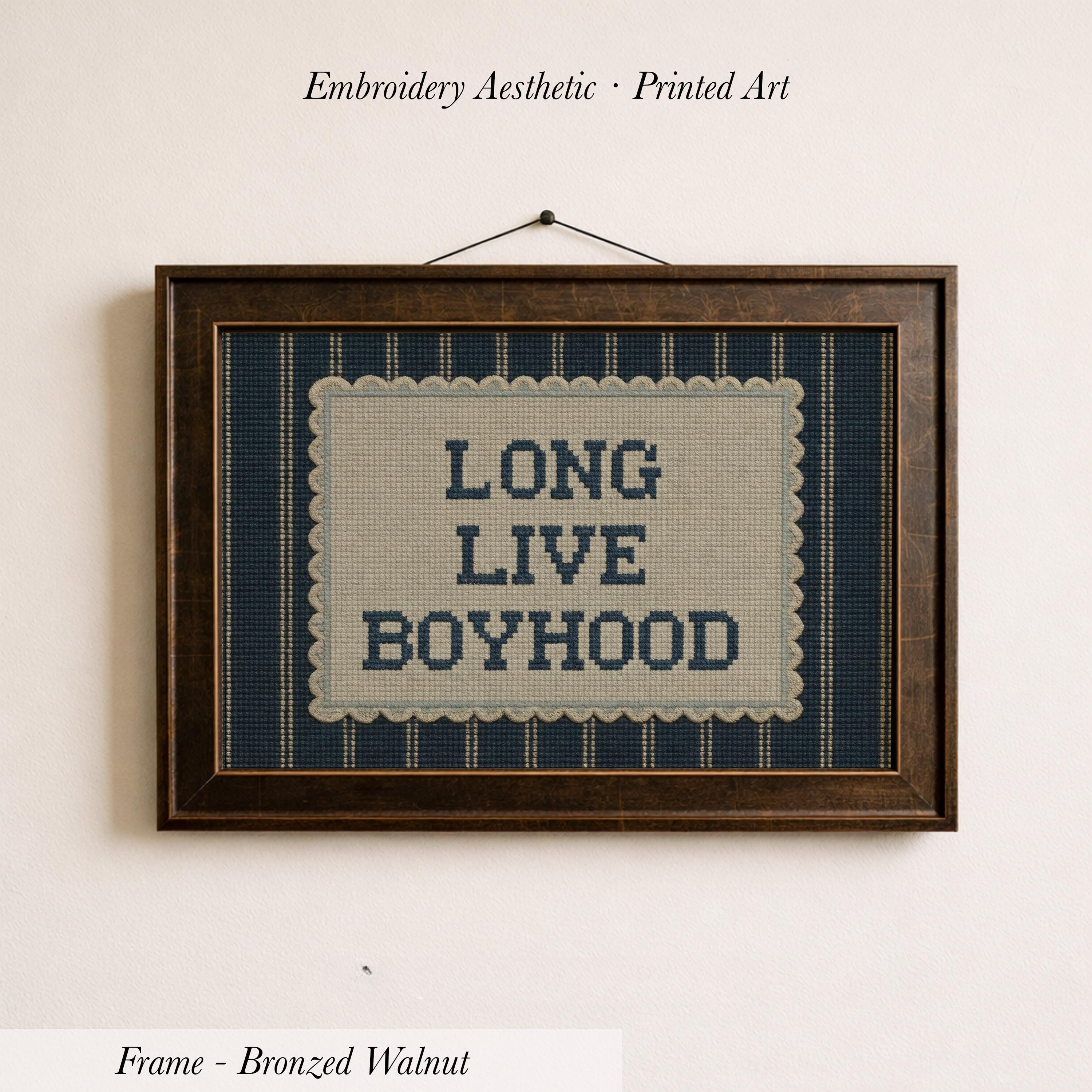 a framed embroidered piece of art with the text "LONG LIVE BOYHOOD" on it.