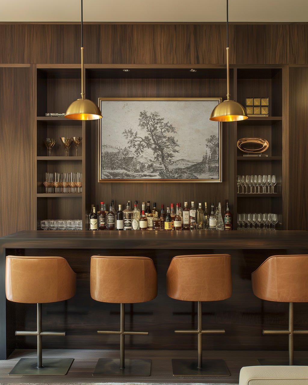 a modern bar area with a wooden wall, a large painting, and a row of bar stools. The bar is well-stocked with various bottles of liquor and wine glasses.