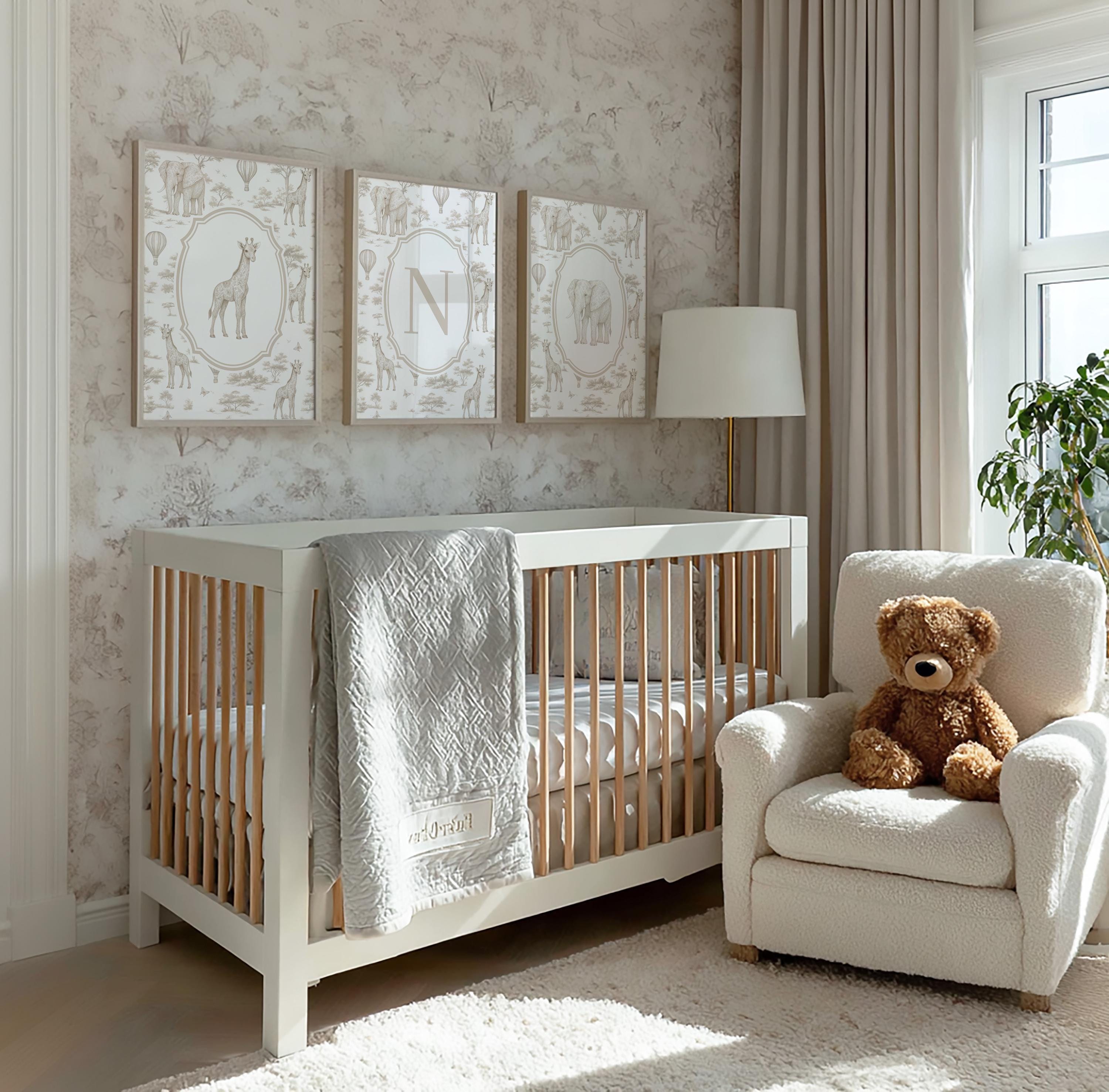 Beige Safari Nursery Art Prints: Chinoiserie Toile de Jouy Animals | 1443
