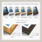 The image is a collage of various framed artworks and their corresponding frame colors, including black, white, oak, gold, and walnut.