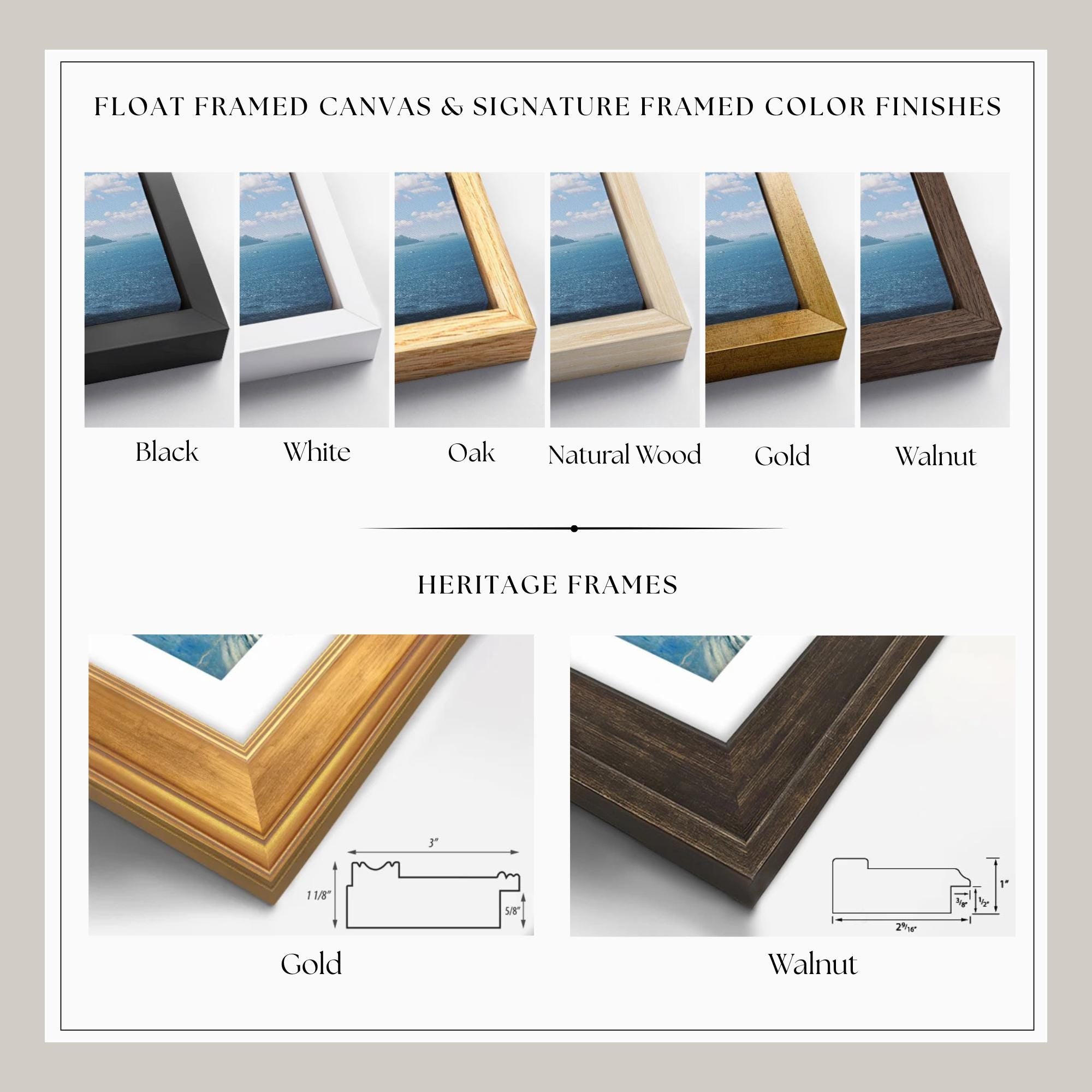 The image is a collage of various framed artworks and their corresponding frame colors, including black, white, oak, gold, and walnut.