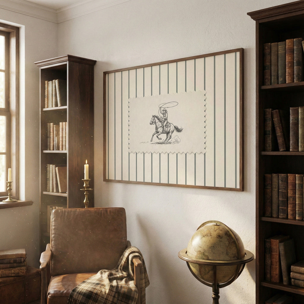 a cozy and well-lit living room with a large framed picture of a cowboy on horseback hanging on the wall, surrounded by bookshelves filled with books.