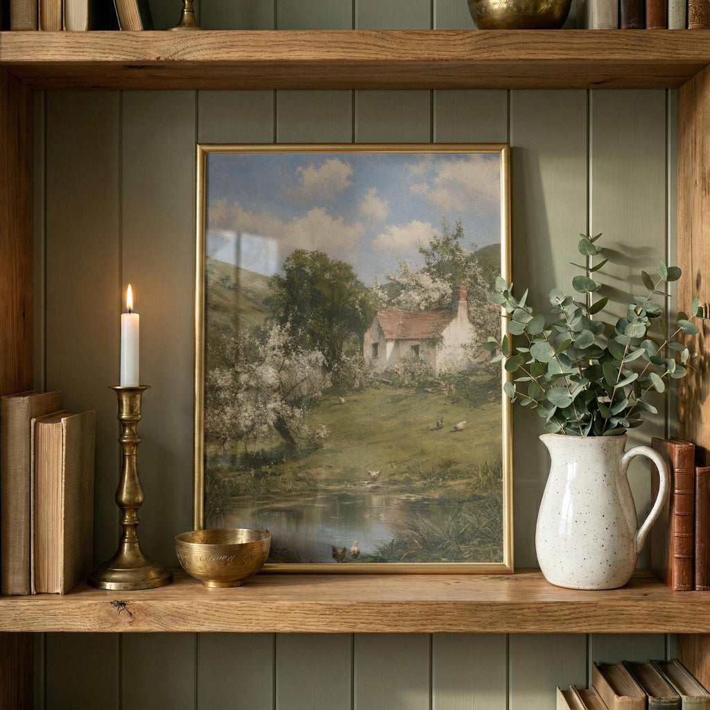 a wooden shelf with a framed painting of a countryside landscape, a lit candle, a white pitcher with greenery, and a bowl.