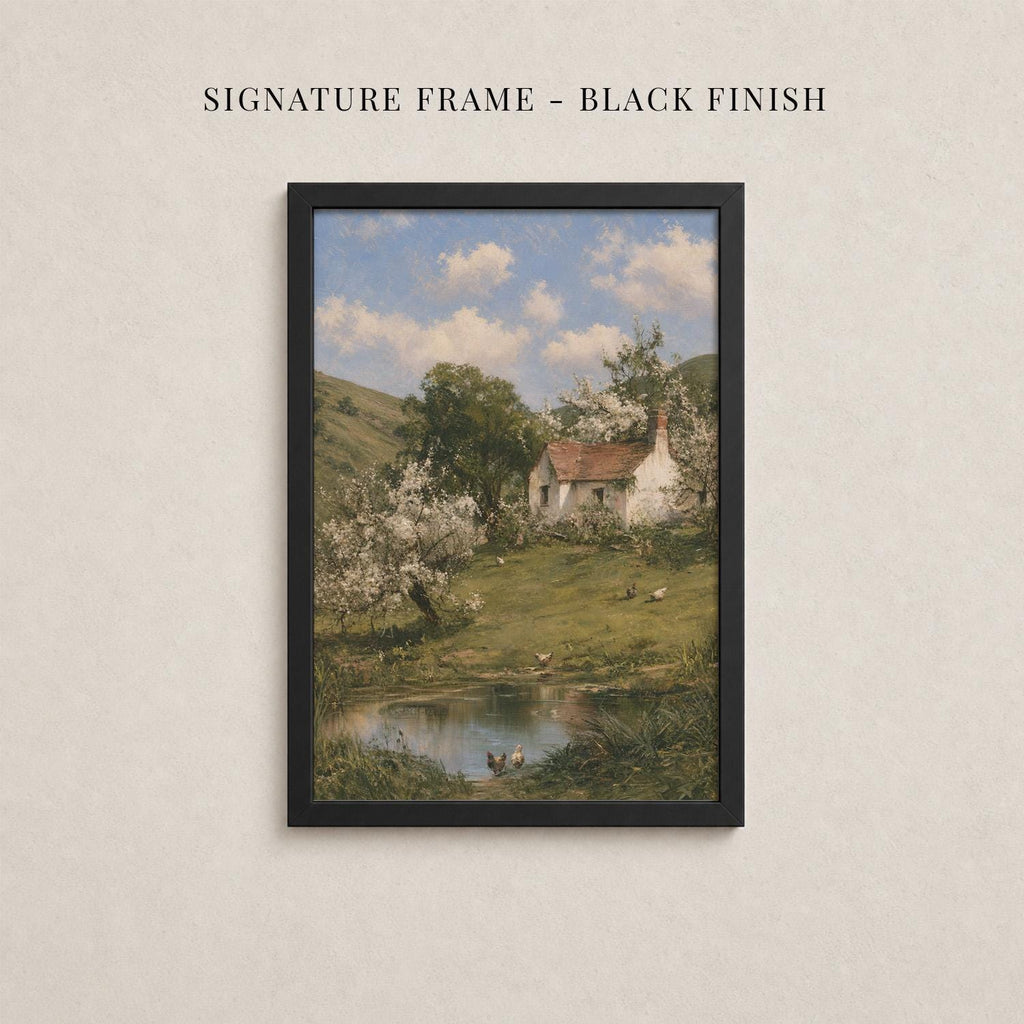 The image is a framed painting depicting a serene landscape with a small pond, trees, and a house in the background.