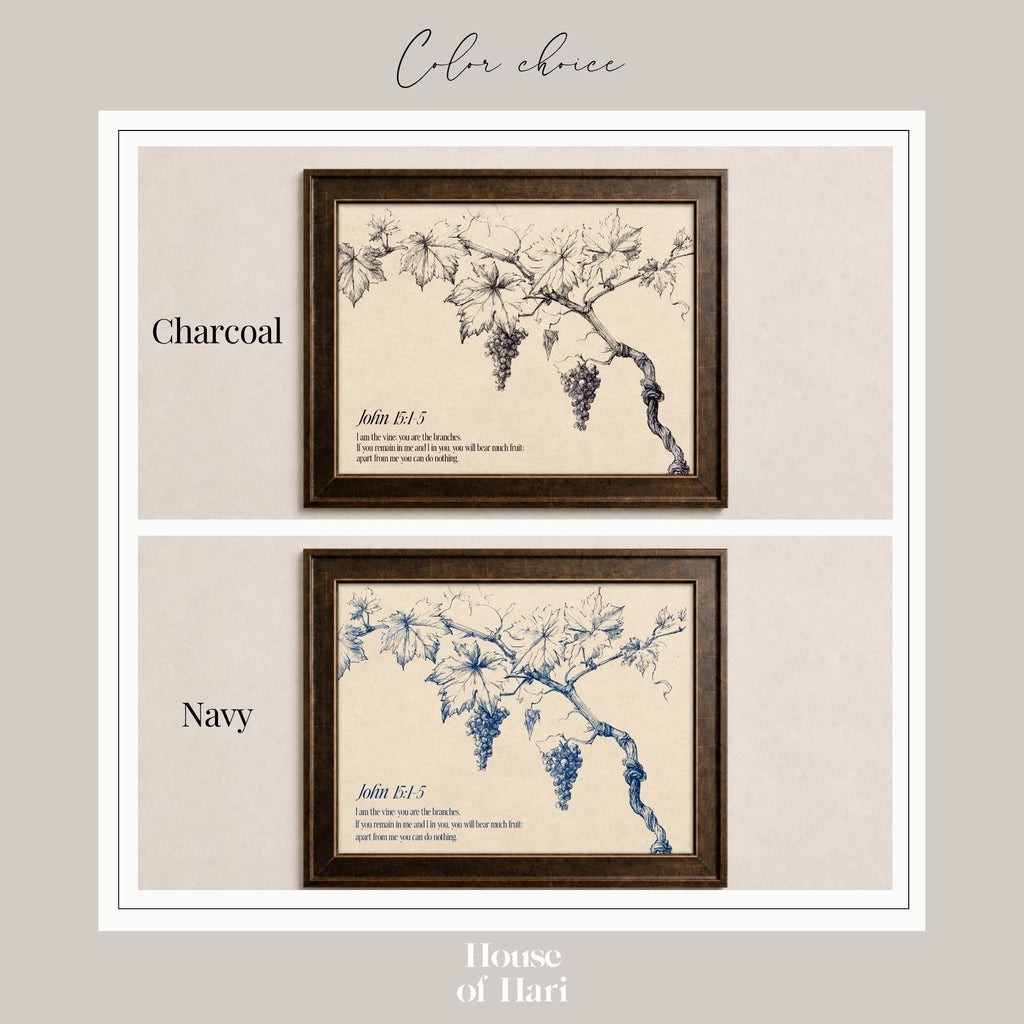 two framed artworks depicting grapevines, with the text "Color choice" at the top and "House of Hari" at the bottom. The artworks are labeled as "Chcoal" and "Navy" based on their color schemes.