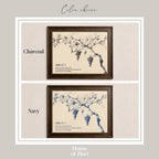 two framed artworks depicting grapevines, with the text "Color choice" at the top and "House of Hari" at the bottom. The artworks are labeled as "Chcoal" and "Navy" based on their color schemes.