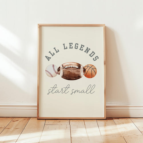 All Legends Start Small Vintage Sport nursery wall art decor boy baby room watercolor football baseball basketball, Digital Printed Framed