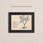 The image is a framed artwork depicting a tree with a text overlay, which appears to be a biblical verse or poem.