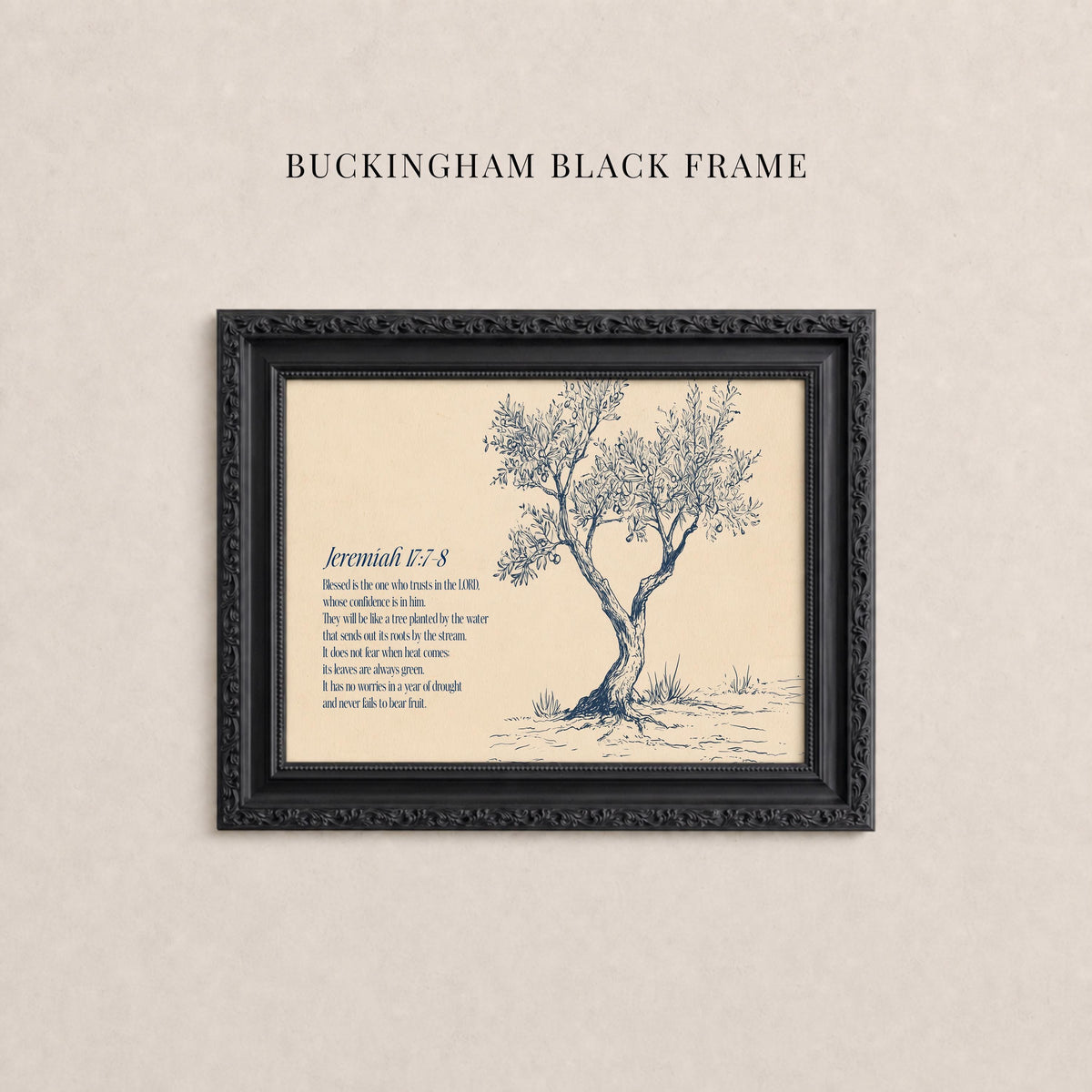The image is a framed artwork depicting a tree with a text overlay, which appears to be a biblical verse or poem.