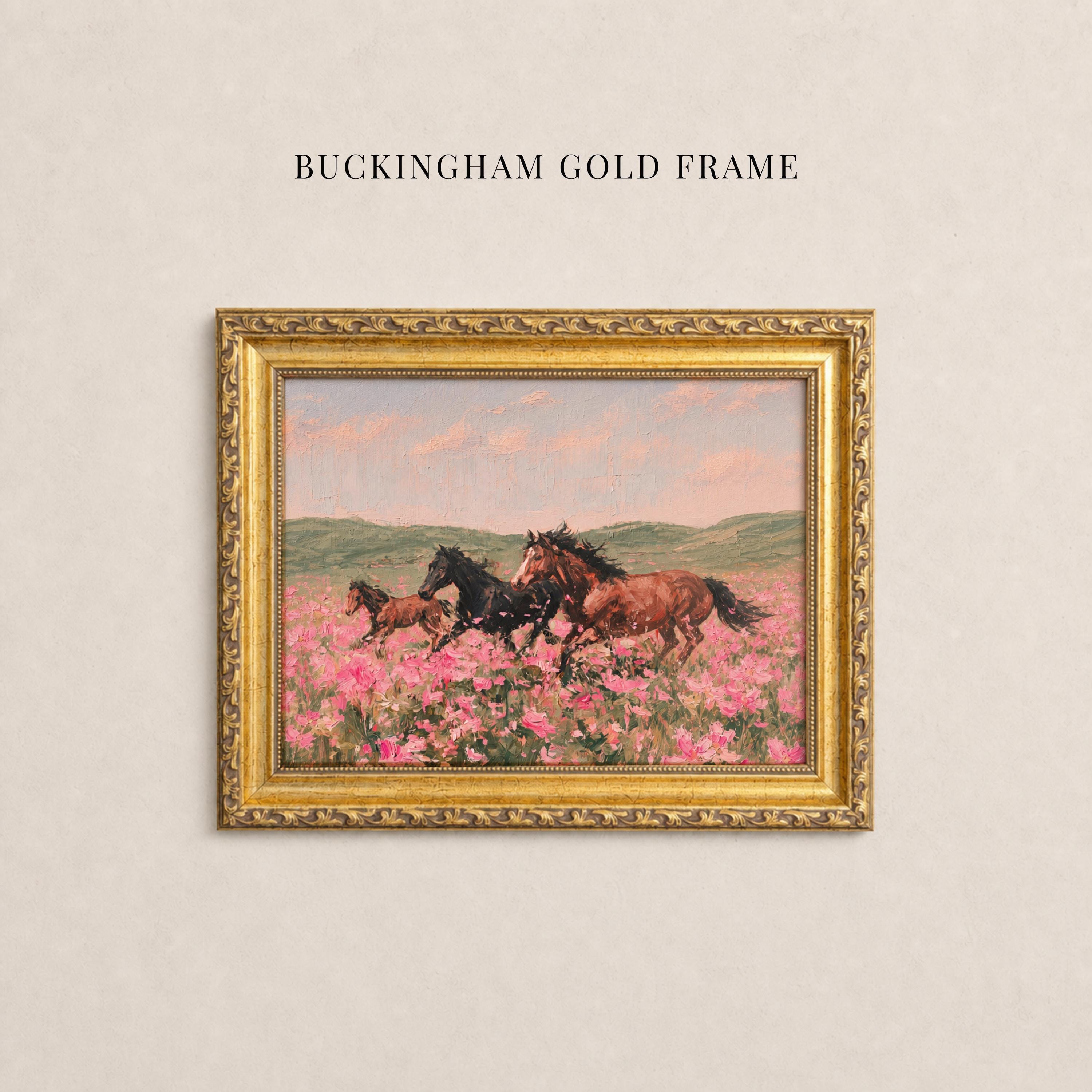 Vintage Horse Print in Pink Flower Field - Wild and Free | 2262