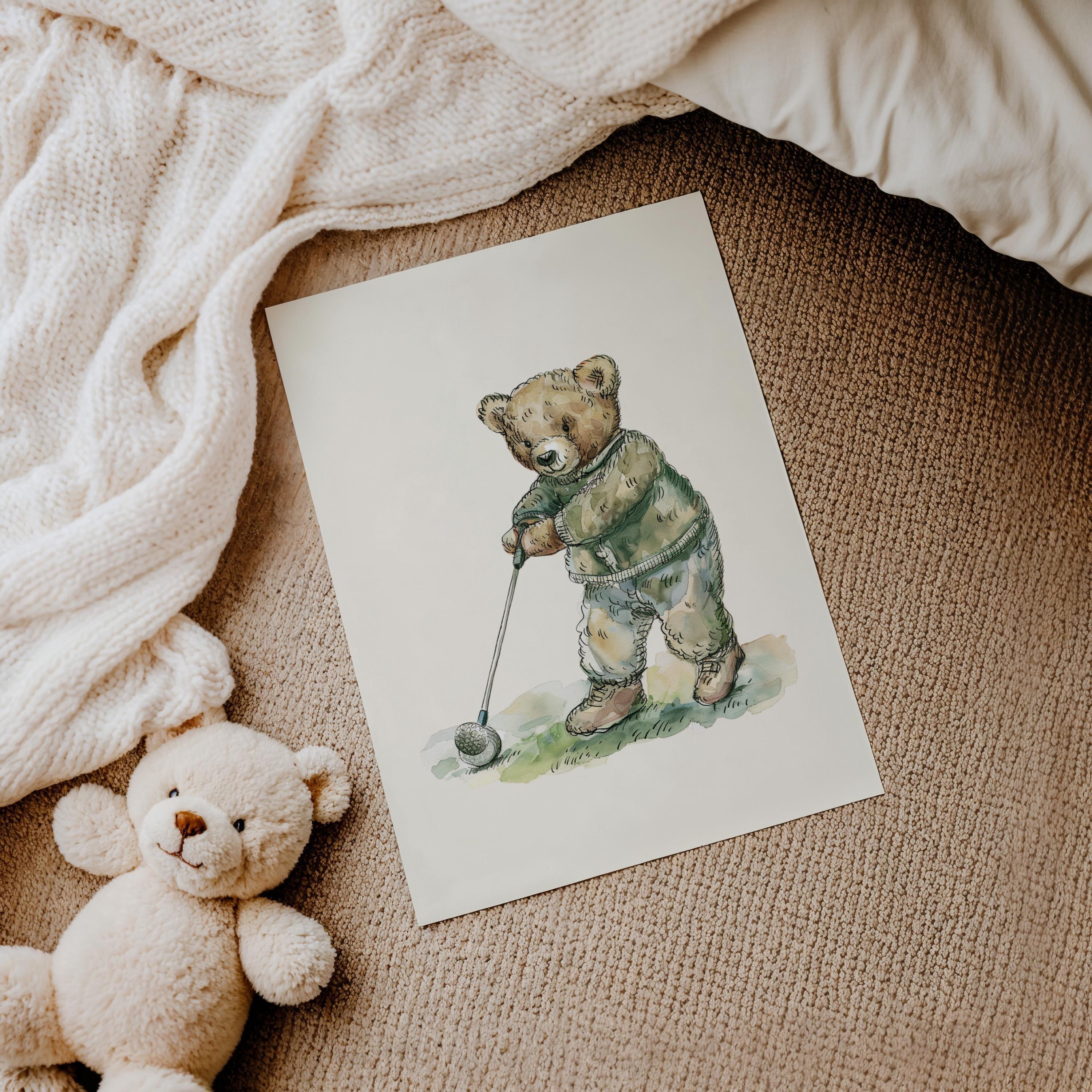 Vintage Golf Teddy Nursery Print | 1232