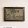 The image is a framed bronze-colored painting depicting a tree and a landscape scene.