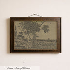 The image is a framed bronze-colored painting depicting a tree and a landscape scene.