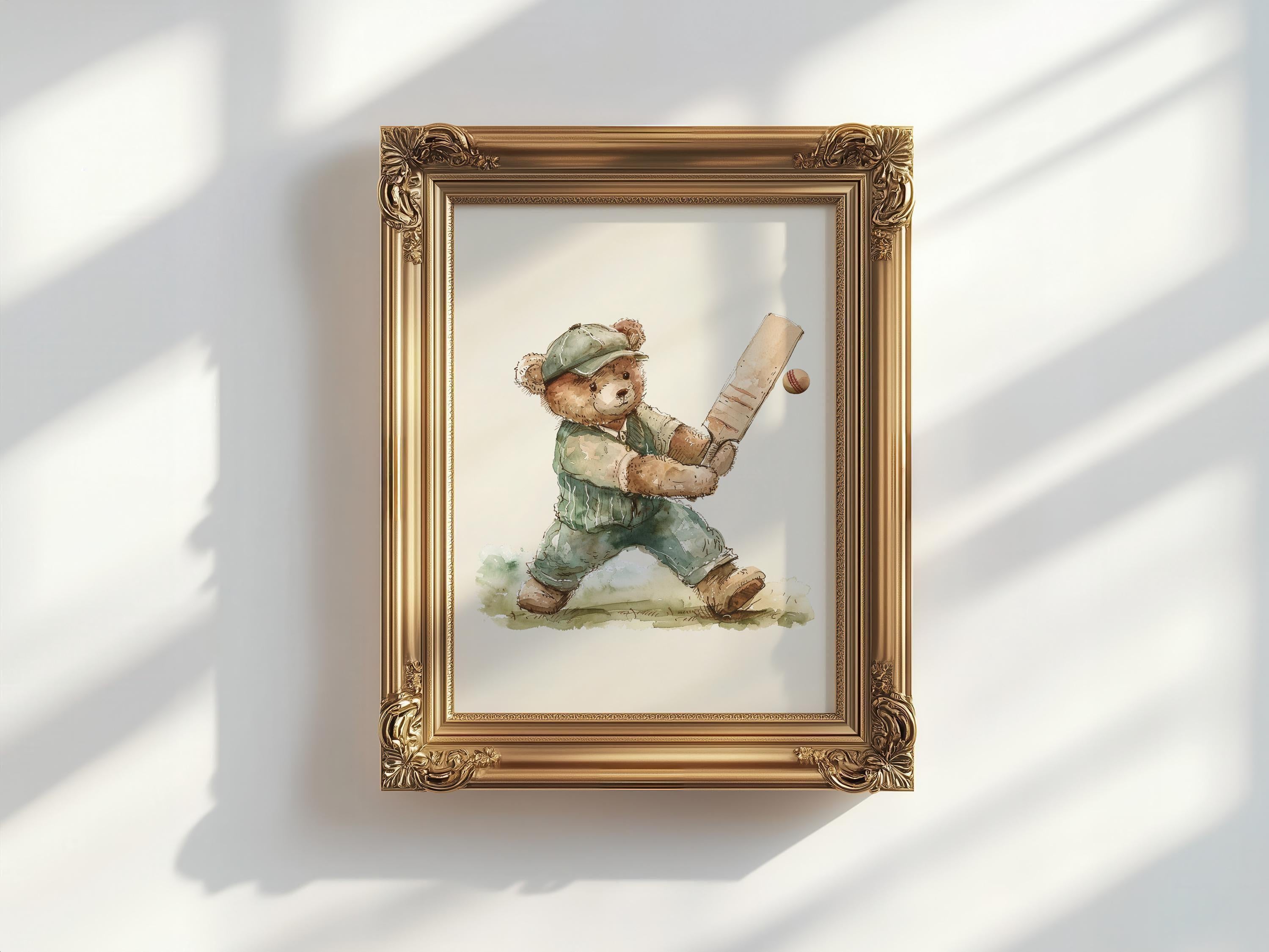 Boy Cricket Nursery Art,Vintage Boy Nursery,Teddy Bear Cricket Print Nursery,Teddy Bear Art Kids Room,Minimal,Green,Digital,Printable,Framed