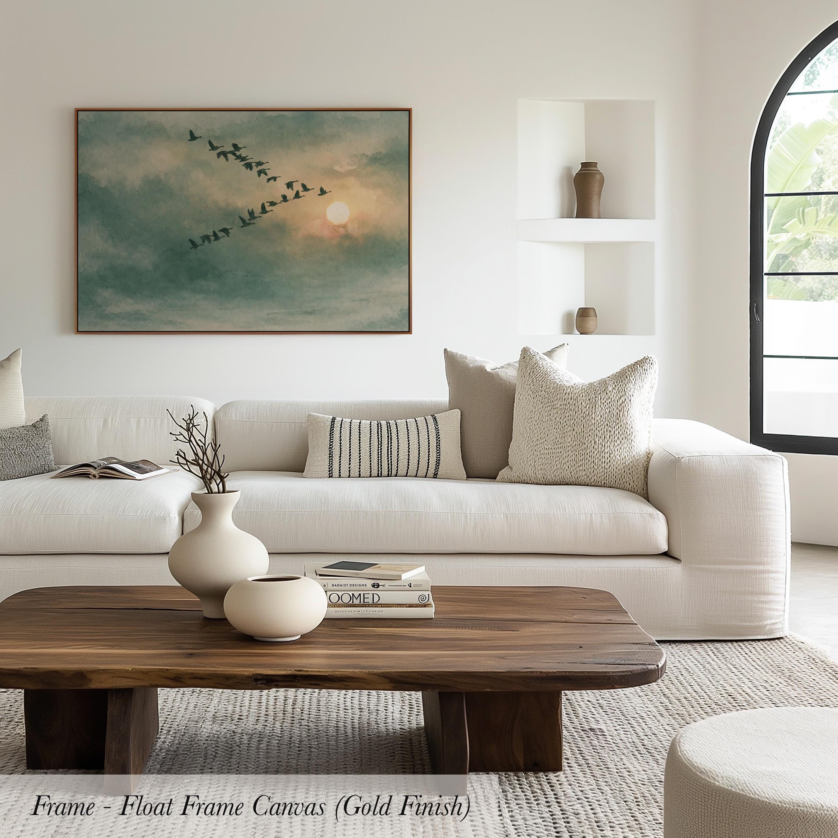 Framed Sage Green Japandi Flying Birds Canvas Wall Art Print | 2224
