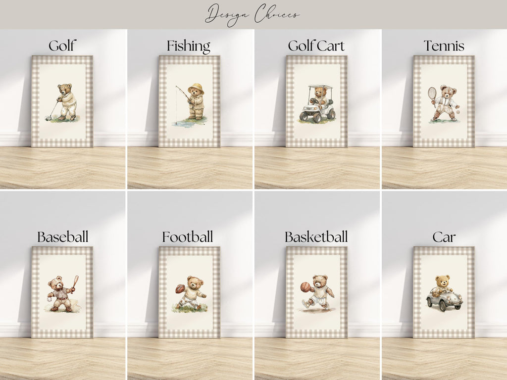 The image is a collage of eight framed pictures, each depicting a different sport or activity, including golf, fishing, golf cart, tennis, baseball, football, and a car.