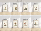 The image is a collage of eight framed pictures, each depicting a different sport or activity, including golf, fishing, golf cart, tennis, baseball, football, and a car.
