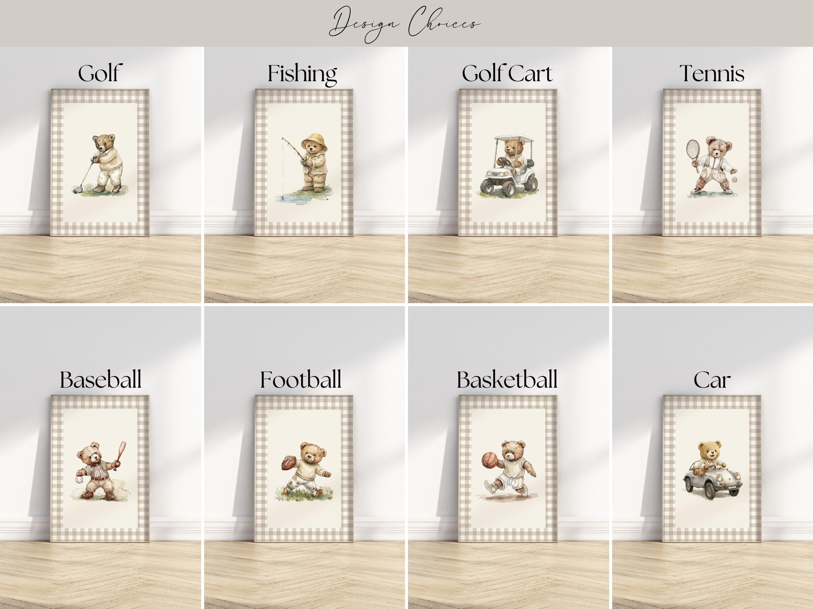 The image is a collage of eight framed pictures, each depicting a different sport or activity, including golf, fishing, golf cart, tennis, baseball, football, and a car.