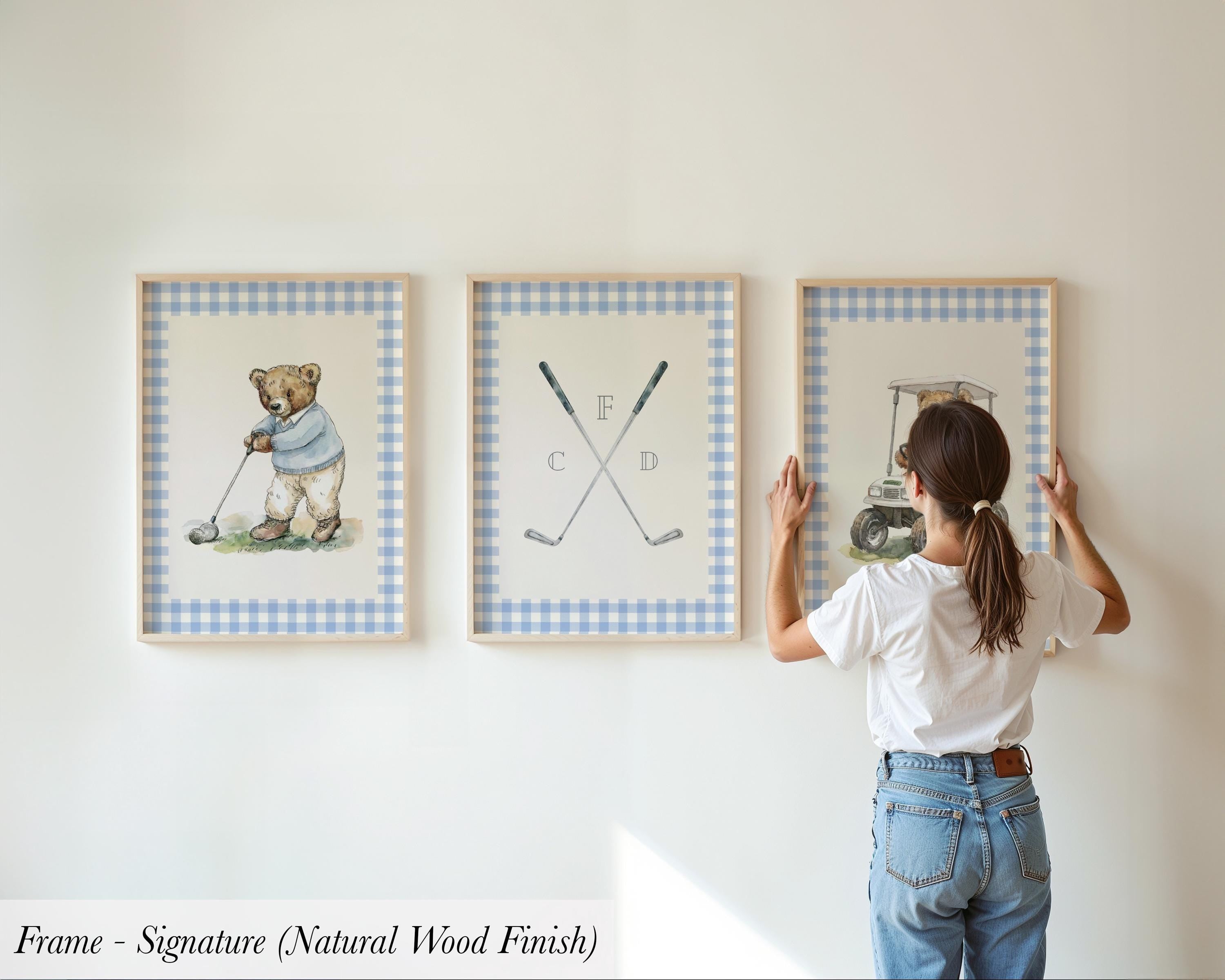 Boy's Golf Nursery Art - Set of 3 Prints Blue Plaid Teddy Bears | 2236