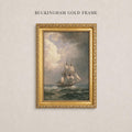 A painting of a sailing ship on the ocean, framed in a gold frame, hanging on a wall.