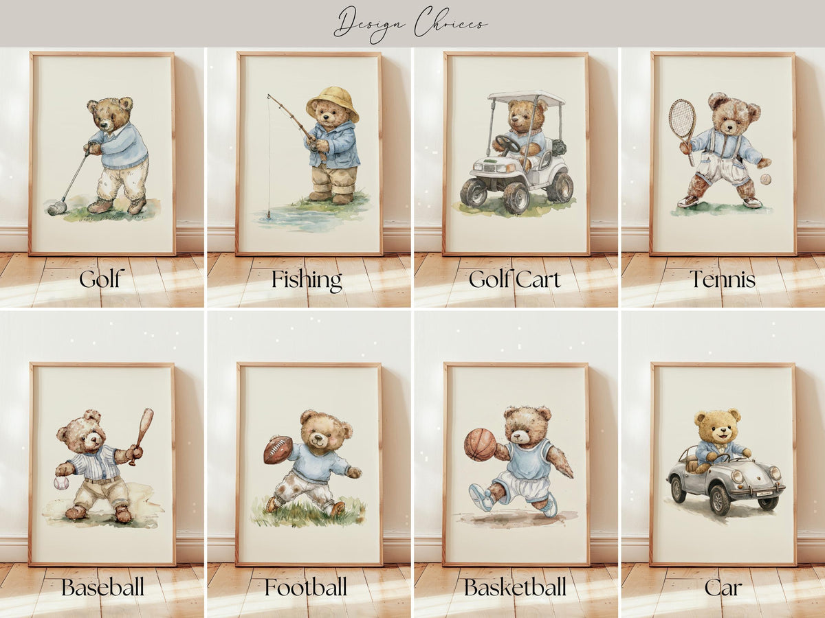Boy's Vintage Sports Nursery Prints Set of 3 Teddy Bears ∙ 1949