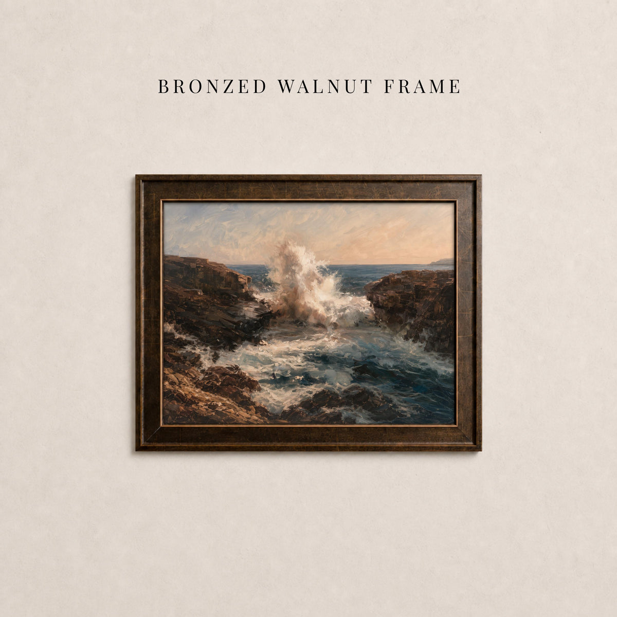 The image is a framed painting depicting a rocky coastline with crashing waves.