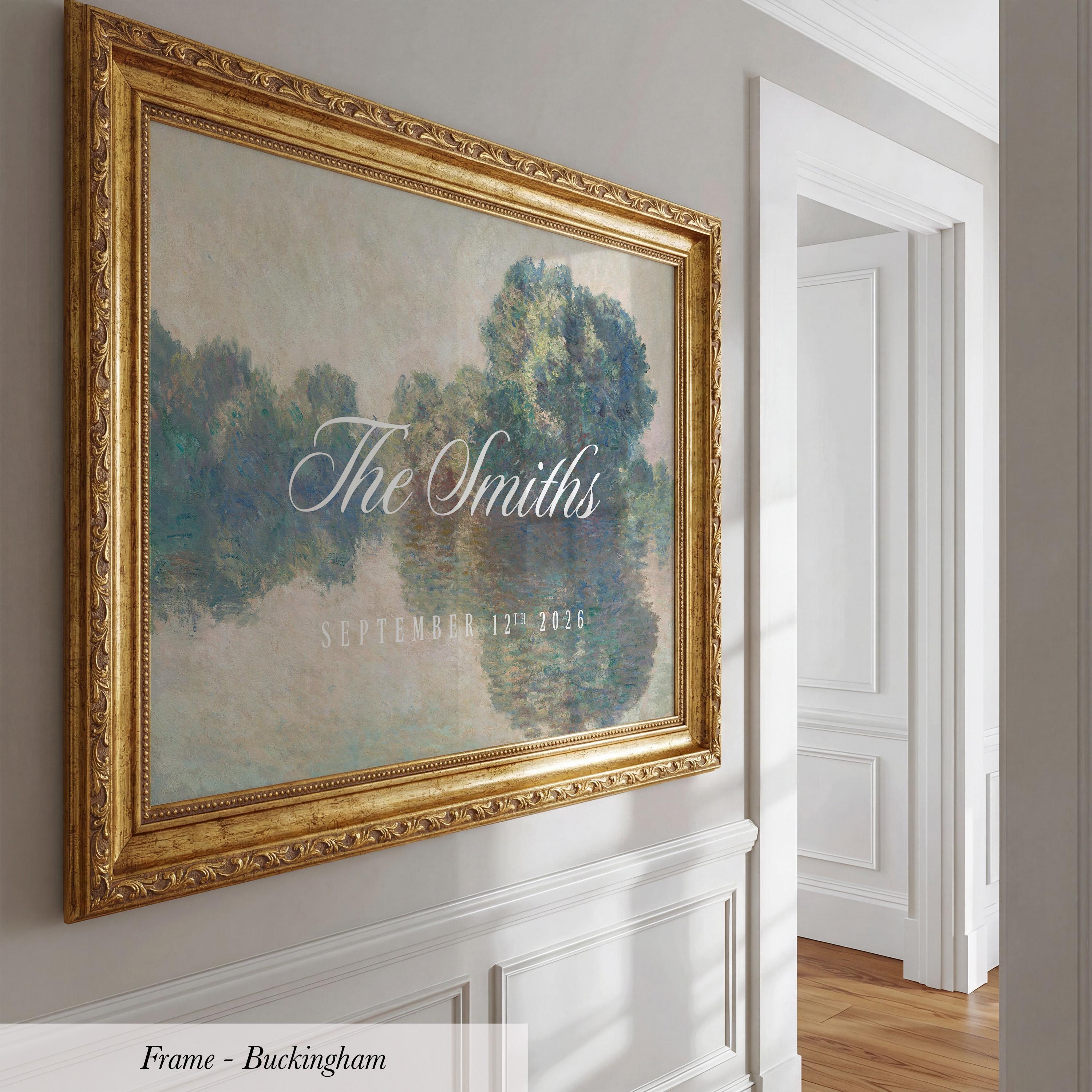 a large framed painting hanging on a wall, with the text "The Smiths" and the date "SEPTEMBER 12TH, 2026" displayed on it.