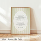 a framed poster with a Bible verse from Psalm 139, which reads: "For you formed my inward parts, you knit me together in my mother's womb, I praise you because you are fearfully and wonderfully made. Wonderful are your works, my soul knows it very well."