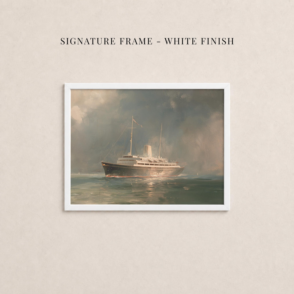The image is a painting of a large ship sailing on the water, framed in a white frame.
