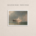 The image is a painting of a large ship sailing on the water, framed in a white frame.
