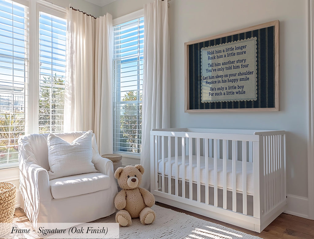 a serene nursery scene with a white crib, a white chair, and a teddy bear. The nursery is bathed in natural light from the large windows, creating a calm and peaceful atmosphere.