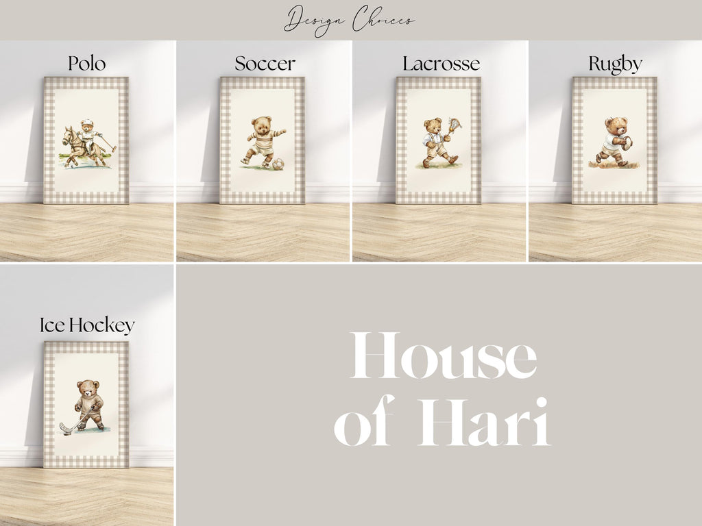 The image is a collage of six different framed pictures, each depicting a different type of sports equipment, including a polo, soccer ball, lacrosse ball, rugby ball, ice hockey stick, and a teddy bear.