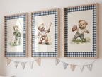 Teddy Bear Print Set of 3 in Navy Gingham | 1918