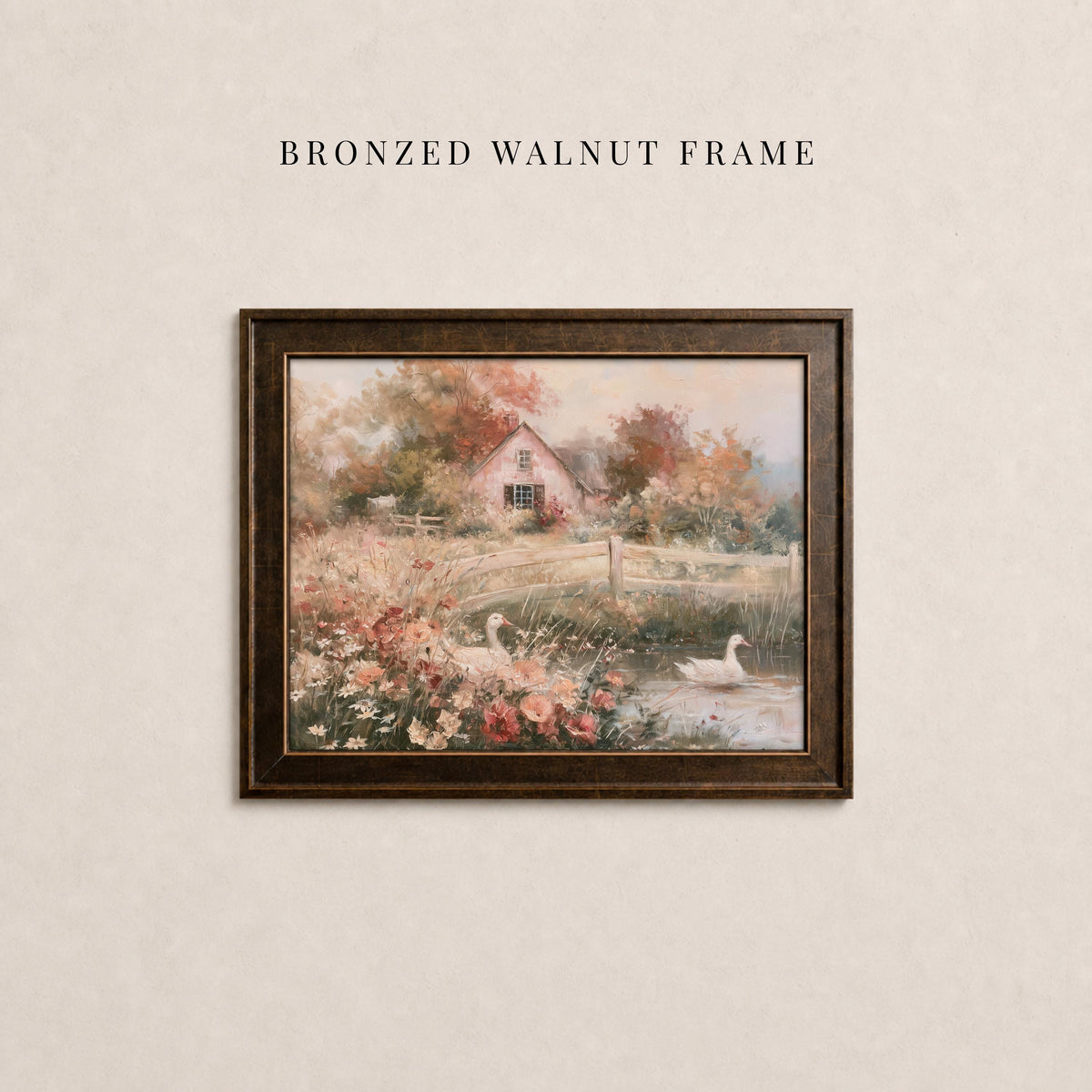The image is a framed painting depicting a serene landscape with a house, flowers, and a pond with a swan.