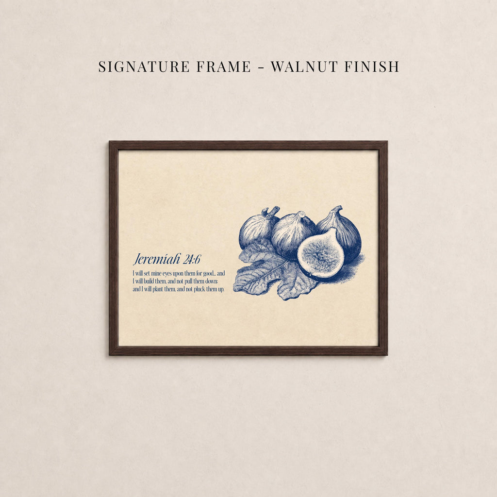 The image is a framed print featuring an illustration of various fruits, including figs and leaves, with a caption describing the image.