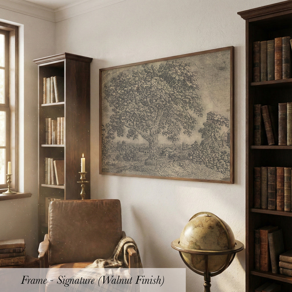 a cozy living room with a large framed artwork of a tree on the wall, a leather armchair, a globe, and a bookshelf filled with books.
