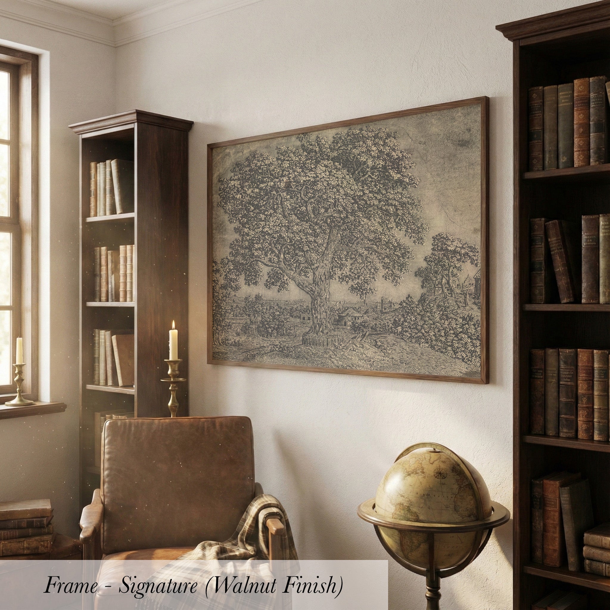 a cozy living room with a large framed artwork of a tree on the wall, a leather armchair, a globe, and a bookshelf filled with books.