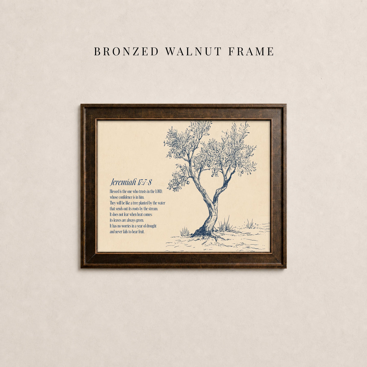 The image is a framed print of a tree with a text description underneath it.