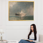 A woman is sitting on a couch and reading a book, with a painting of a ship in the background hanging on the wall above her.