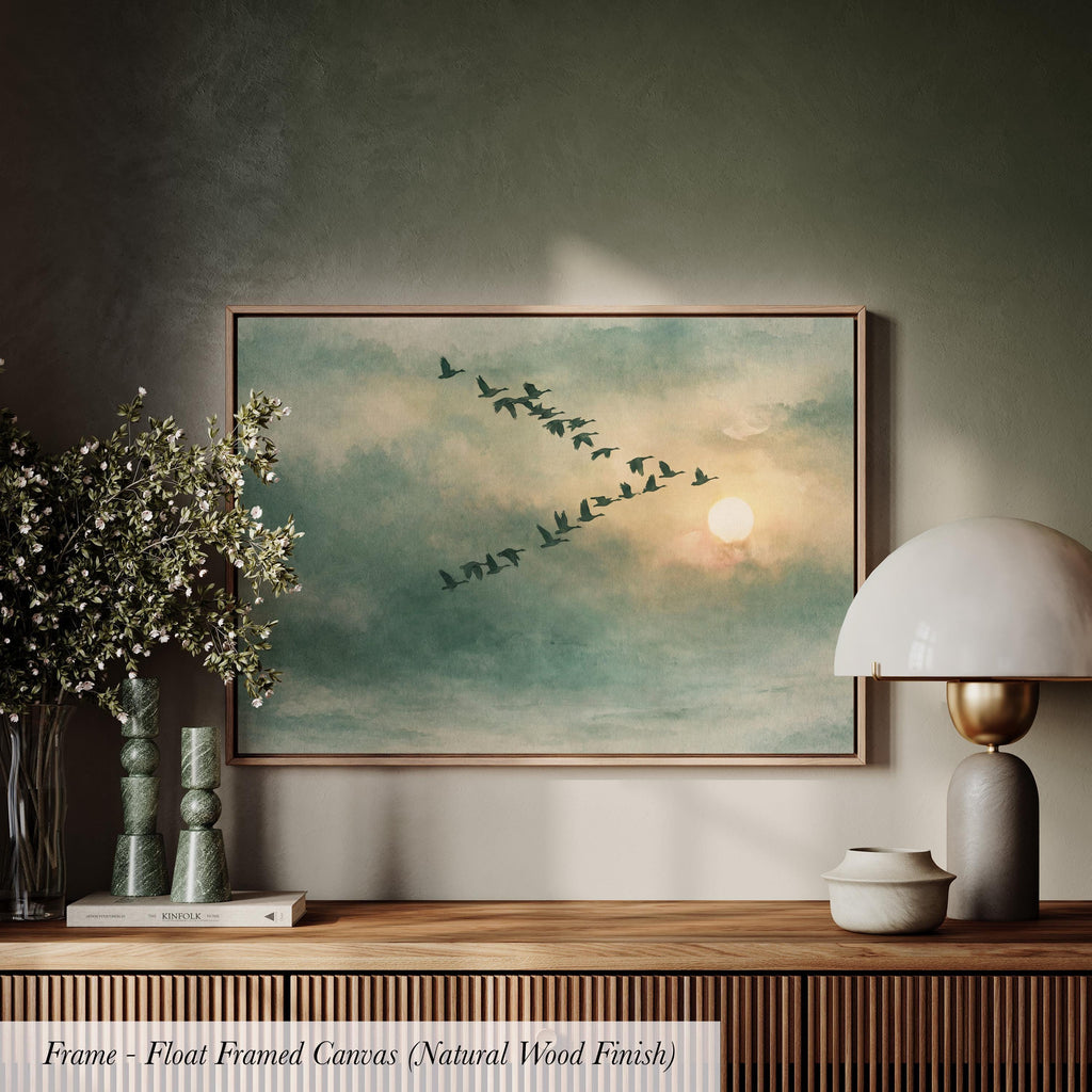 Framed Sage Green Japandi Flying Birds Canvas Wall Art Print | 2224