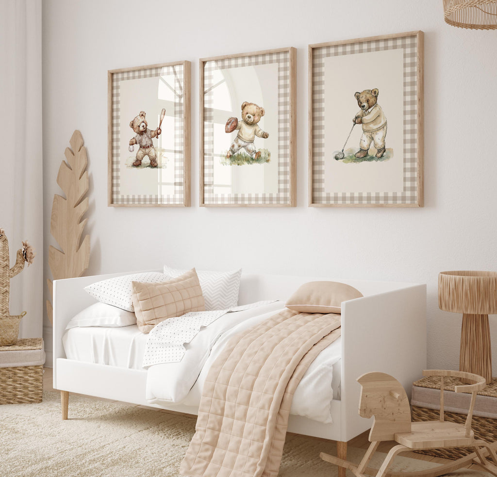 A cozy and inviting child's bedroom with a white bed, framed pictures of teddy bears, and a wooden rocking horse.
