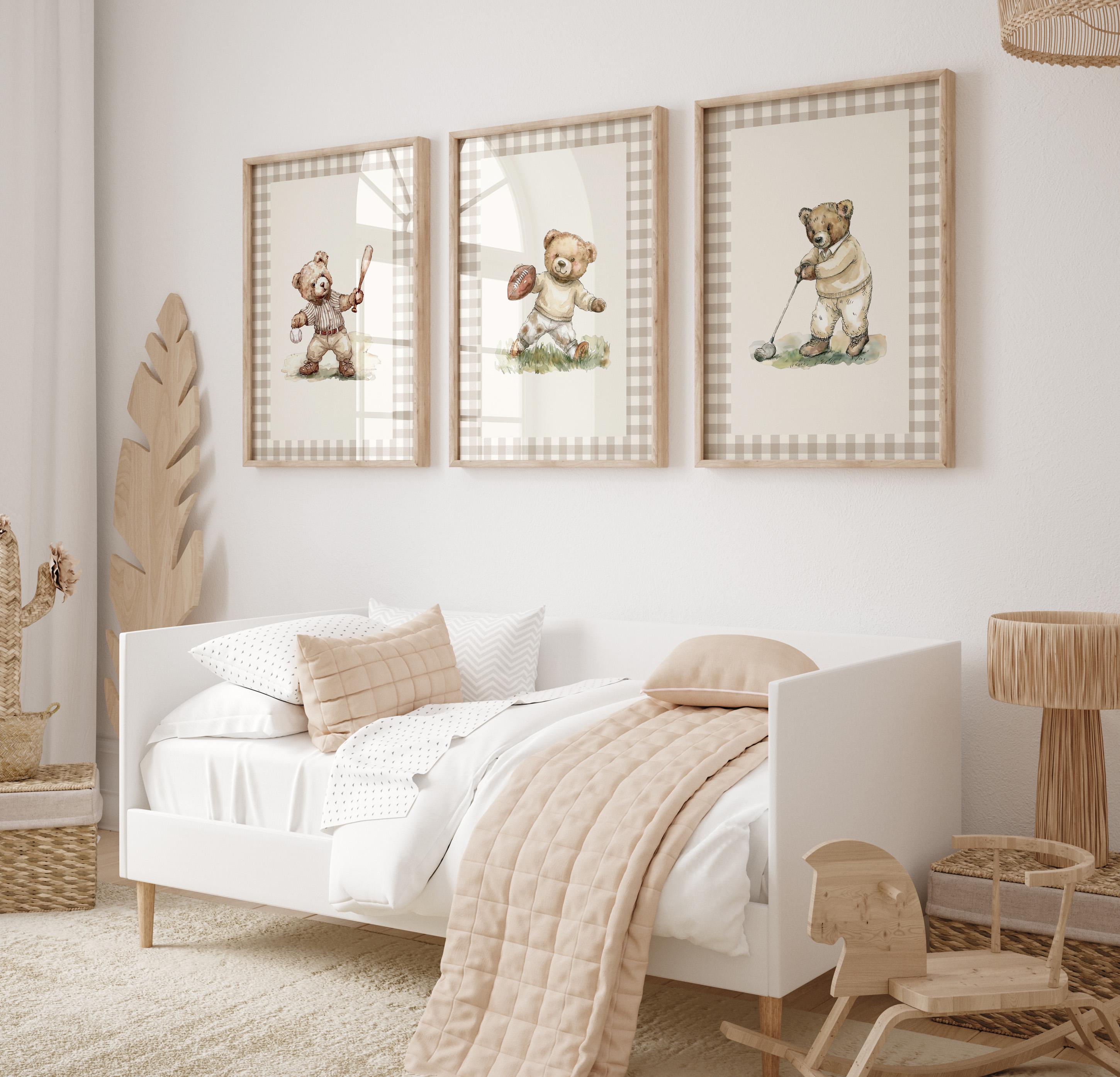 A cozy and inviting child's bedroom with a white bed, framed pictures of teddy bears, and a wooden rocking horse.