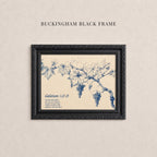 A black framed print with a blue illustration of a branch with grapes hanging from it, accompanied by text.