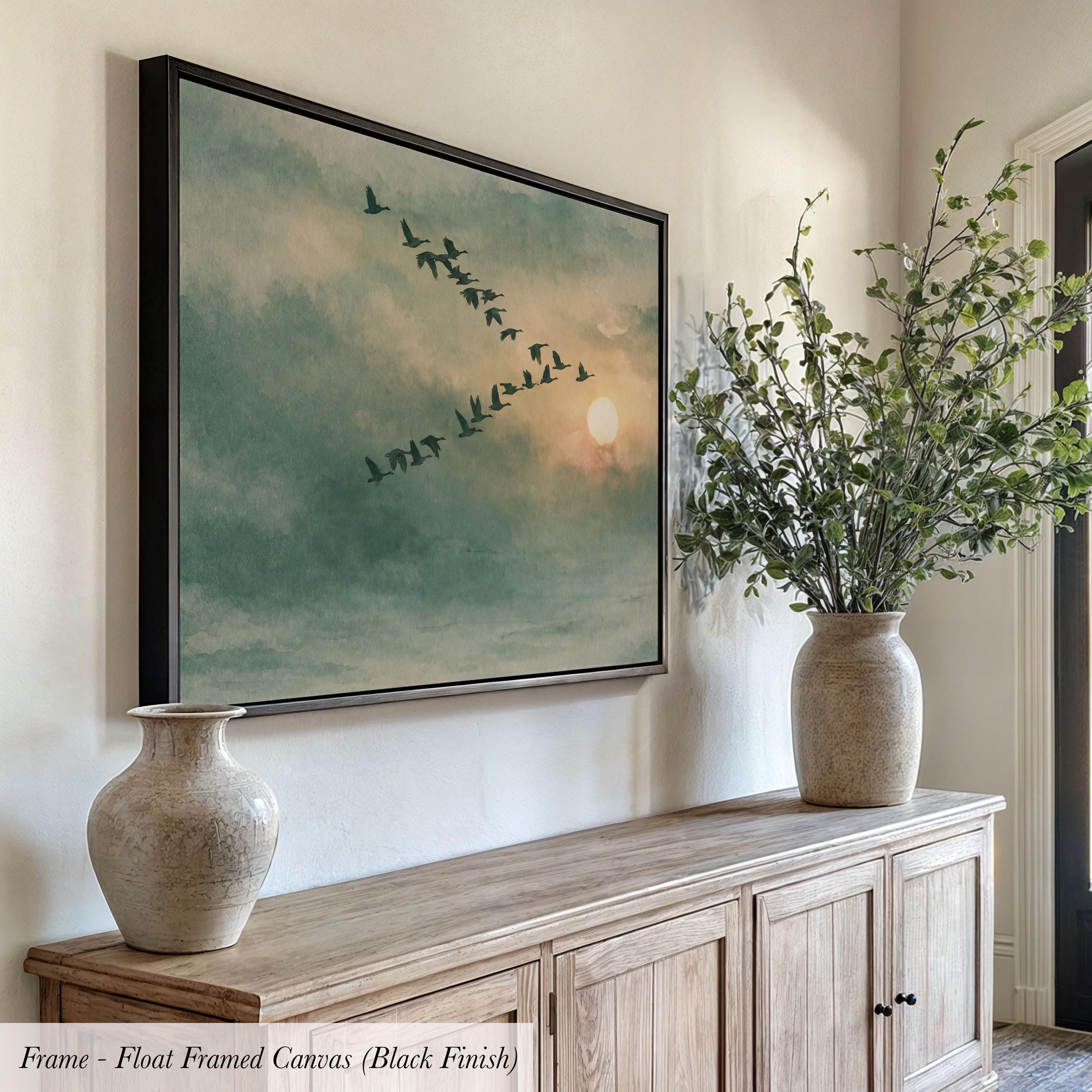 Framed Sage Green Japandi Flying Birds Canvas Wall Art Print | 2224