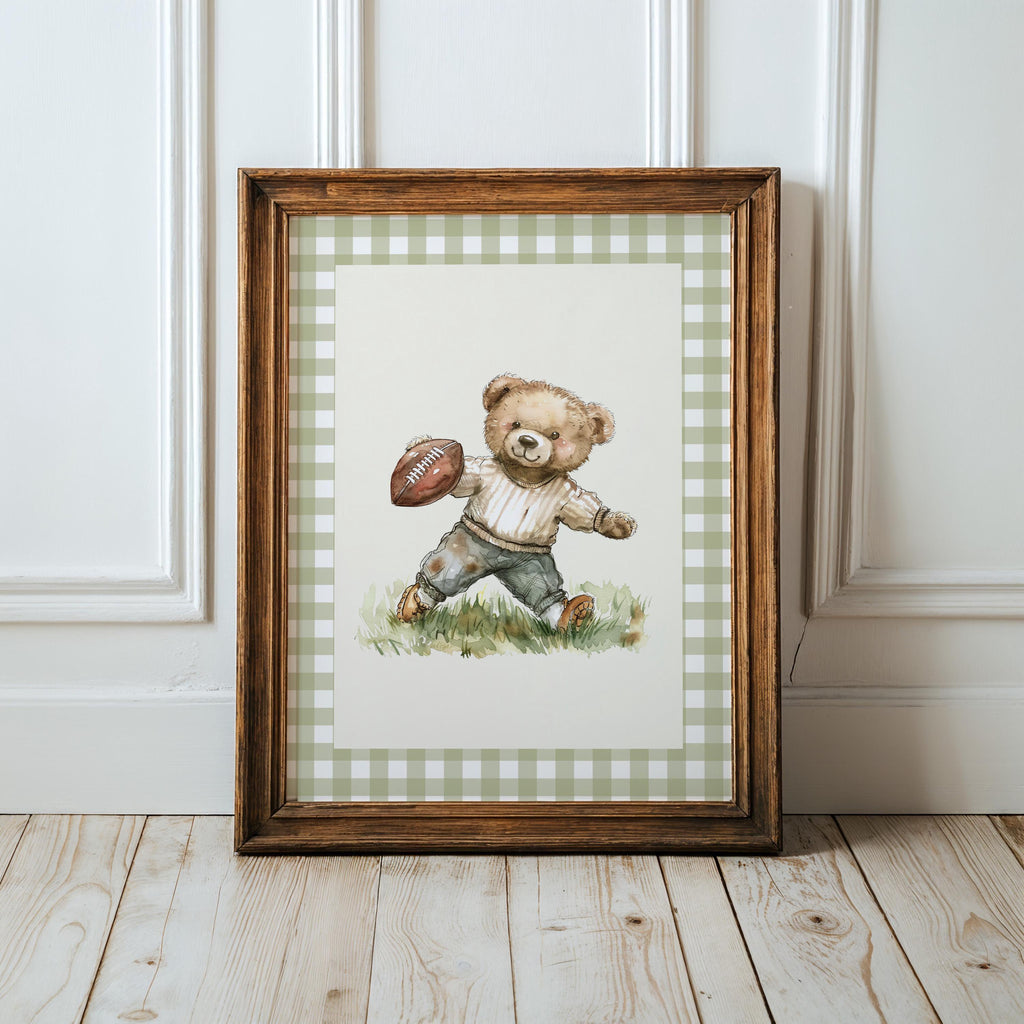 Vintage Football Teddy Bear Gingham Wall Art, Adorable Bear in Classic Football Uniform, Cute Decor for Kids Room, Nursery, Sports Fan Gift