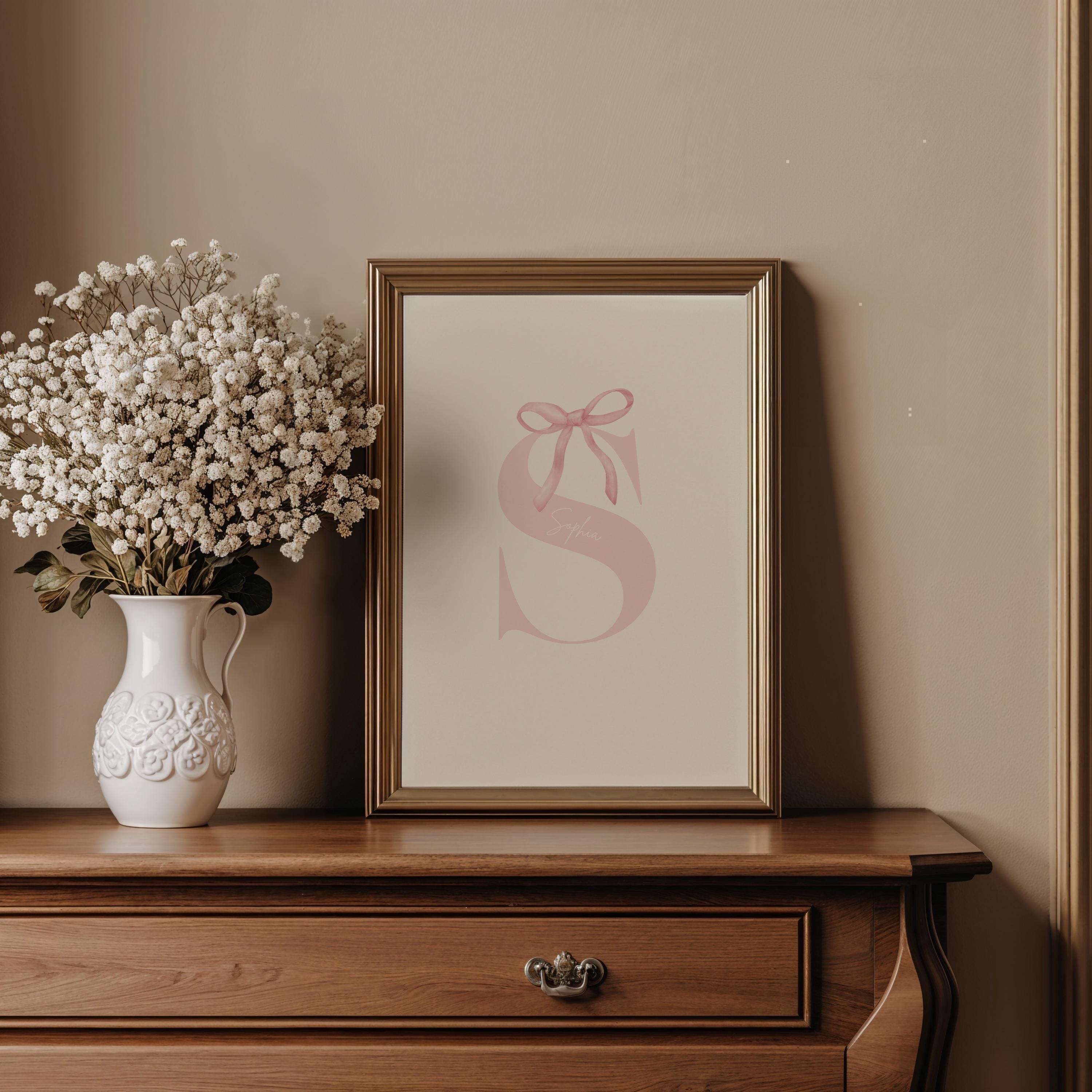 Pink bow coquette wall decoration print Custom Initial Bow Print, bow baby girl name, girls name sign, preppy, vintage, Printable, Framed