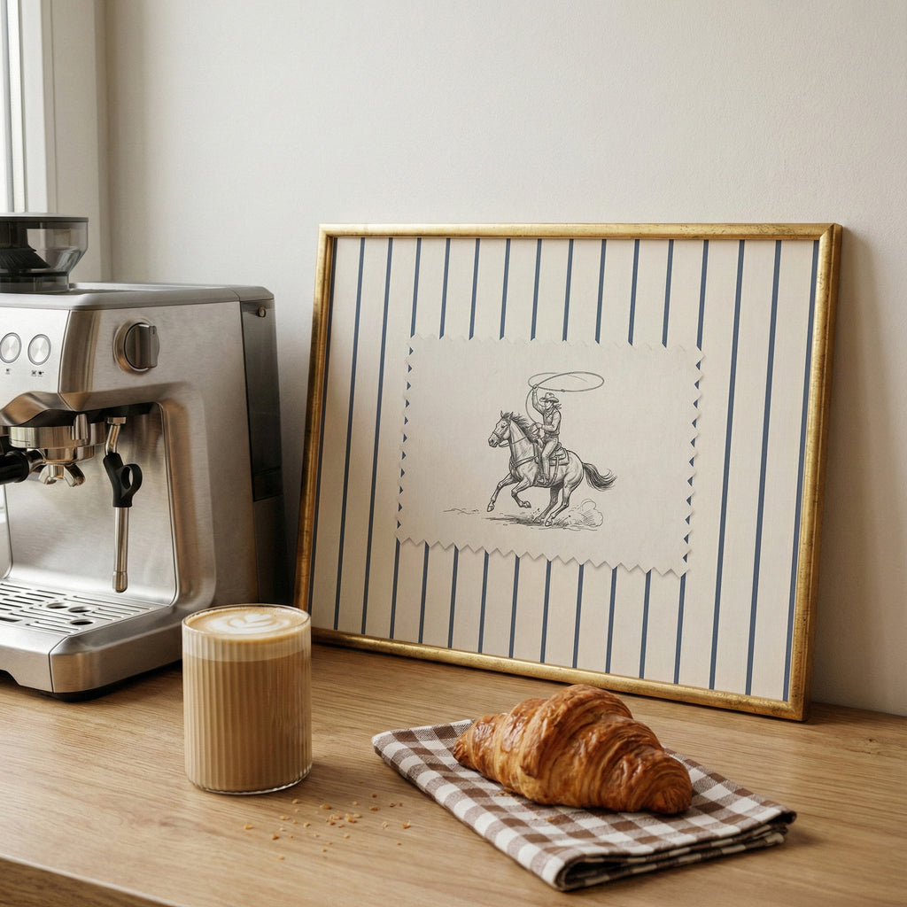 a wooden table with a framed picture of a cowboy on a horse, a croissant, and a cup of coffee.